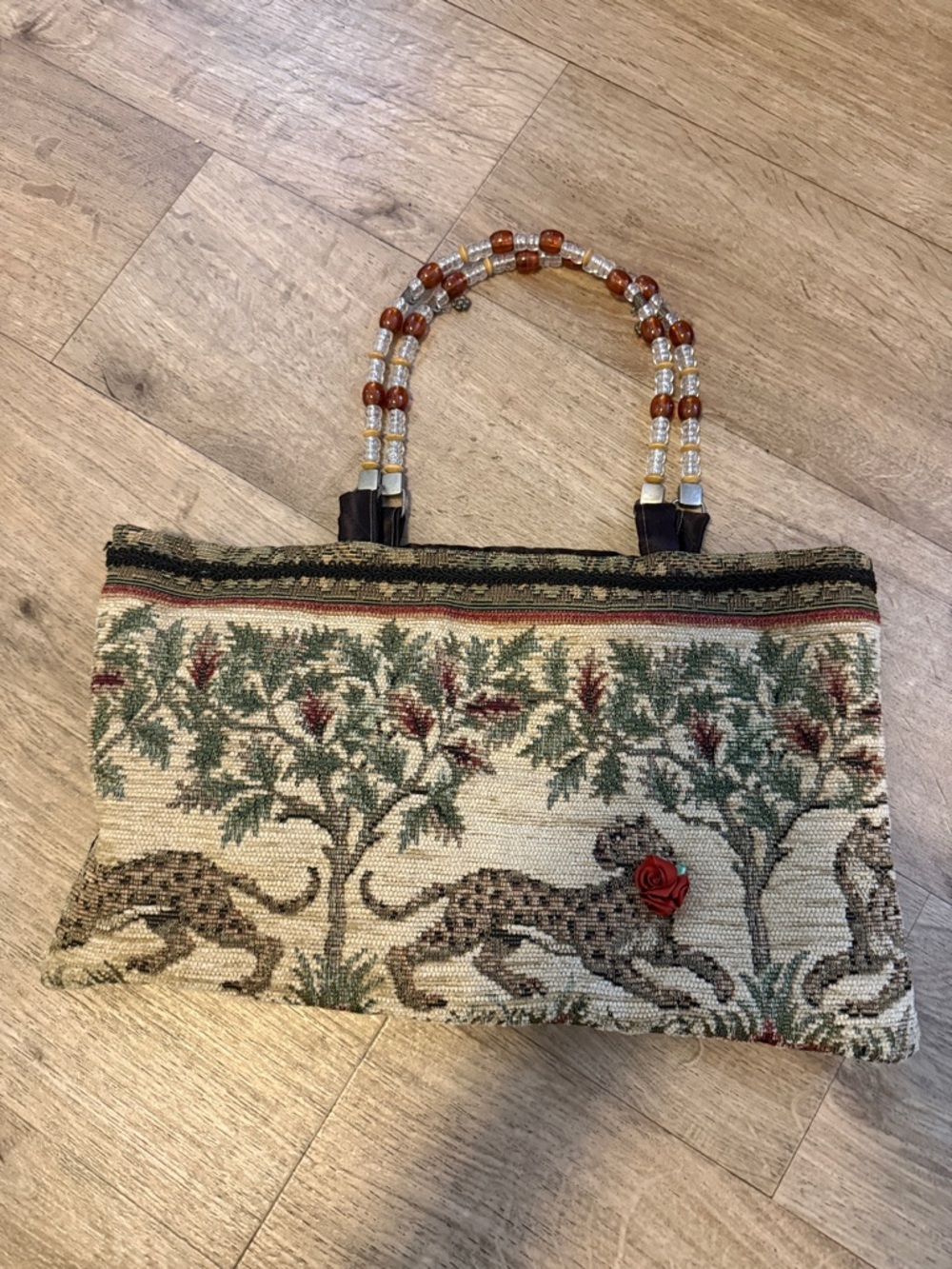 Tapestry Beaded Handle Women's Handbag - Beige with Green and Brown Accents